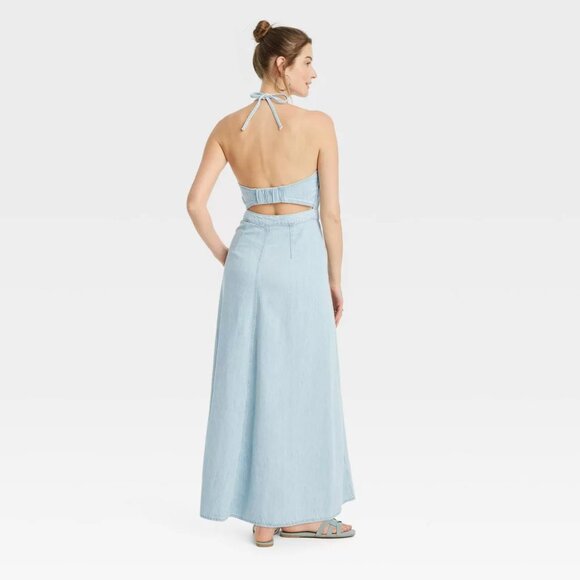 NWT Universal Thread Women's Halter Neck Denim Maxi Dress - Blue - Picture 3 of 3